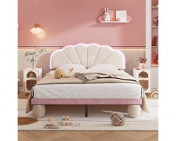MODFU Gestoffeerd tweepersoonsbed 140x200 cm fluweel beige/roze met kleurveranderende LED-strip, golvend hoofdbord, ronde poten en lattenbodem