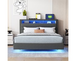 MODFU Gestoffeerd tweepersoonsbed 140x200 cm met USB-poort, multicolor-LED en omklapbaar hoofdeinde