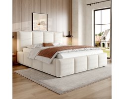 MODFU - Gestoffeerd Tweepersoonsbed - Met Lattenbodem En Gevoerd Hoofdbord - Minimalistisch - Slaapkamer - Zachte Meubelstof - Beige - 160 X 200 Cm