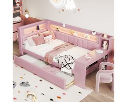 MODFU – Gestoffeerde Bedbank met Uitschuifbed en Bureau – 90x200 cm – LED-Verlichting & USB – Multifunctioneel voor Studente of Tiener – Roze