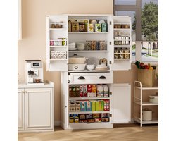MODFU Grote opbergkast met 4 deuren en lade – 80x40x182 cm – Kast met verstelbare planken – Voor keuken, woonkamer of eetkamer – MDF – Wit