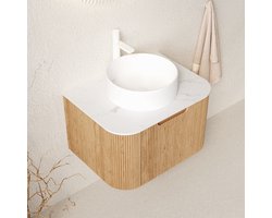 MODFU - Hangend Badkamermeubel Met Wastafel - Wandgemonteerd Met Lade - Franse Stijl - Keramiek En Gesinterde Steen - Naturel Hout En Wit