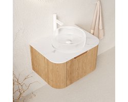 MODFU - Hangend Badkamermeubel - Rond Transparant Glazen Wasbekken - Geruisloze Lade - Glas En Sintersteen - Natuurlijke Houtkleur