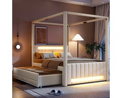 MODFU Hemelbed 140x200 cm – Met uitschuifbed, 3 laden & LED – App-gestuurd – Linnen beige