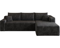 MODFU Hoekbank – 241x151x58 cm – zonder montage met chaise longue – moderne ribstof – minimalistisch design – comfortabele sofa – Zwart