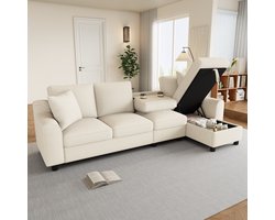 MODFU Hoekbank – 280x136x82 cm – 4-zits met opbergruimte en neerklapbare rugleuning – zachte chenille – moderne bank voor woonkamer – beige