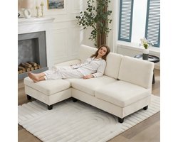 MODFU - Hoekbank - 3-Zits L-Vormig Met Slaapfunctie - Scandinavisch - Voor Woonkamer - Stof - Beige - 194 X 118 X 81 Cm