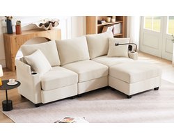 MODFU - Hoekbank - Met Hocker En USB-Aansluiting - Flexibele Opstelling - Voor Woonkamer Of Kantoor - Ribstof - Beige