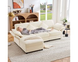 MODFU - Hoekbank Met Hocker - Verstelbare Armleuningen - Modulair - Voor Woonkamer Of Kantoor - Chenille - Beige - 218 x 156,5 x 86 cm