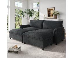 MODFU - Hoekbank - Met Opberghocker En Slaapfunctie - Woonkamer - Chenille - Zwart - 216 x 77 x 82 cm
