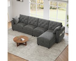 MODFU Hoekbank met Slaapfunctie – 281x132x86 cm – verstelbare L-vorm met opbergruimte – zacht fluweel – moderne slaapbank – grijs