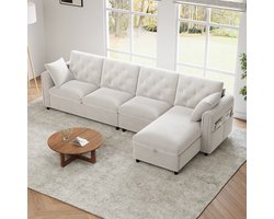 MODFU - Hoekbank Met Slaapfunctie En Opbergruimte - L-Vormig En Links- Of Rechtsomkeerbaar - Modern - Fluweel - Beige - 281 x 132 x 86 cm