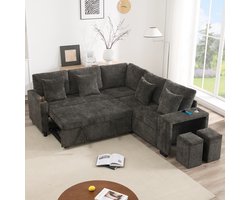MODFU - Hoekbank Met Slaapfunctie En Opbergruimte - Omkeerbare Chaise Longue - Modulair - Chenille - Grijs - 220 x 205 x 86,5 cm