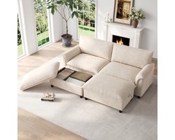 MODFU Hoekbank Met Verplaatsbare Hocker En Slaapfunctie - Woonkamer - Chenille - Beige - 216 x 77 x 82 cm