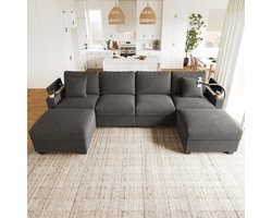 MODFU Hoekbank - Modulair Met Slaapfunctie En USB-Aansluiting - Modern - Voor Woonkamer - Ribstof - Grijs - 275,5 x 139 x 87 cm