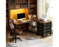 MODFU - Hoekbureau - L-Vormig - Industrieel - Opbergruimte - Hout - Zwart - 150 Cm