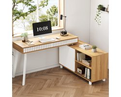 MODFU - Hoekbureau - Met 2 Lades En Kast - Modern Minimalistisch - Voor Homeoffice - MDF En Metaal - Naturel En Wit - 140 X 120 X 76,5 Cm