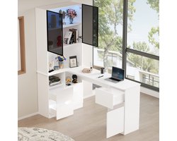 MODFU Hoekbureau Met Kast En LED-Vitrinekast - 120x80x180 cm - Met Opbergruimte, 3 Lades & Kabeldoorvoer - Modern Design - MDF - Wit - Bureau Met Opbergruimte voor Thuiswerken