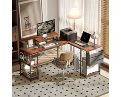 MODFU - Hoekbureau - Omkeerbaar En Met Opbergruimte - Met Monitorstandaard - Voor Kantoor Of Thuiskantoor - Hout - Bruin - 168x120 Cm