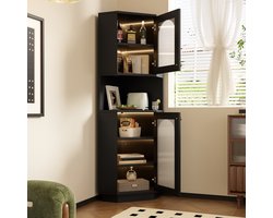 MODFU Hoekkast met lichtstrip en open vakken – Driehoekig ontwerp voor badkamer – Waterbestendig MDF – Eenvoudige opbergkast met kantelbeveiliging – Zwart