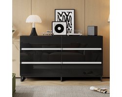 MODFU Hoogglans dressoir 140x39.5x78.5 cm in wit en zwart, met 6 lades en 3 metalen poten, stevige opbergkast voor woonkamer