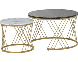 MODFU Hoogglans nestbare ronde salontafel set (2) met marmerprint en goudkleurig frame — moderne bijzet- & salontafels