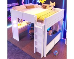 MODFU Hoogslaper 140x200 cm – Met bureau, LED, USB/Type-C en 2 laden – Wit – Voor studeren en kleine kamers