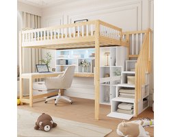 MODFU Hoogslaper 140x200 cm van grenenhout en MDF – met bureau en LED – wit/naturel – warm design