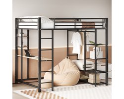 MODFU Hoogslaper 140x200 cm van metaal en MDF – met bureau, ladder en opbergruimte – zwart – industrieel design
