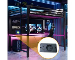 MODFU Hoogslaper 140x200 cm van metaal en MDF, met bureau, LED-verlichting en USB, zwart