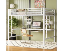 MODFU Hoogslaper 140x200 cm van metaal en MDF, wit, met bureau en 2 boekenkasten