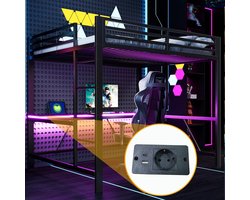 MODFU Hoogslaper 160x200 cm van metaal en MDF, met bureau, LED en USB, zwart