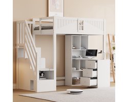 MODFU - Hoogslaper - 90 X 200 Cm - Bureau - Opbergruimte - Wit - Hout - MDF