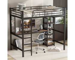 MODFU Hoogslaper 90x200 cm – 204x95x180 cm – Met bureau en opbergkast – Metaal/MDF – Zwart/donker walnoot – Voor tiener- of studentenkamer