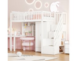 MODFU Hoogslaper 90x200 cm – 251x96x180 cm – Alles-in-één met kledingkast, bureau & opbergtrap – Massief hout wit – Tienerkamer