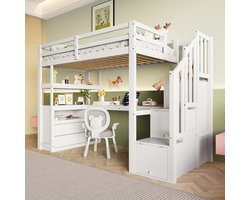 MODFU Hoogslaper 90x200 cm – 253,5x95x165 cm – Met bureau en opbergladder – Grenenhout – Wit – Incl. 2 lades & 3 vakken