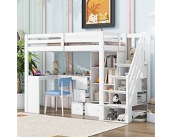 MODFU Hoogslaper 90x200 cm – Met bureau, lades, kasten en opbergtrap – EN747 – Wit