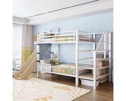 MODFU Hoogslaper 90x200 cm – Met Glijbaan & Opbergtrap – Wit – Veiligheidshek met Deurtje – Open Vakken – Metaal/MDF – Speels Design voor Peuter & Kleuter – Max. 150 kg