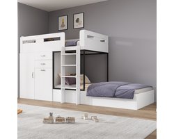 MODFU - Hoogslaper – 90x200 cm – Met uitschuifbaar bureau & kledingkast – MDF – Wit/Zwart