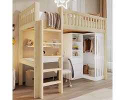 MODFU Hoogslaper 90x200 cm van grenenhout en MDF – met bureau, kast en 3 lades – naturel – warm en functioneel