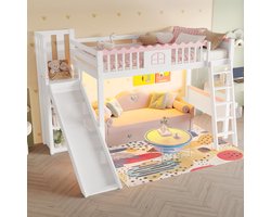 MODFU Hoogslaper 90x200 cm van grenenhout en MDF, wit, met glijbaan, LED en 3 planken