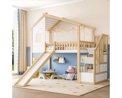 MODFU Hoogslaper 90x200 cm van grenenhout/MDF/plywood, met glijbaan en opbergladder, naturel/wit