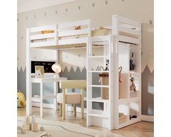 MODFU Hoogslaper 90x200 cm van hout en MDF – met bureau, krijtbord en open kast – wit – creatieve kinderkamer
