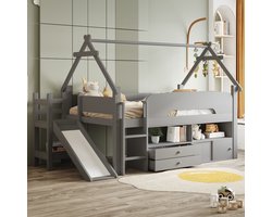 MODFU Hoogslaper 90x200 cm van massief hout – met glijbaan, dakframe en opbergruimte – grijs – speels design