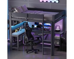 MODFU Hoogslaper 90x200 cm van MDF en grenen – grijs – met bureau, LED-verlichting en oplaadstation – voor gamers