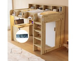 MODFU Hoogslaper 90x200 cm van MDF en spaanplaat, met bureau, kast en LED-verlichting