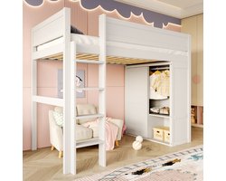 MODFU Hoogslaper 90x200 cm – wit grenenhout – met kledingkast en opbergruimte onder bed