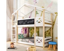 MODFU Hoogslaper 90x200 cm – wit massief hout – met dakvorm, ladder, uitvalbeveiliging en schoolbord