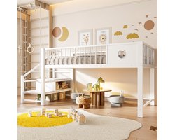 MODFU Hoogslaper 90x200 cm – Wit metaal/MDF – Lage hoogslaper met opbergladder – Veilig kindermeubel