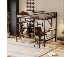 MODFU Hoogslaper 90x200 cm – Zwart metaal met bureau & 3 planken – EN747 veilig – Ruimtebesparend